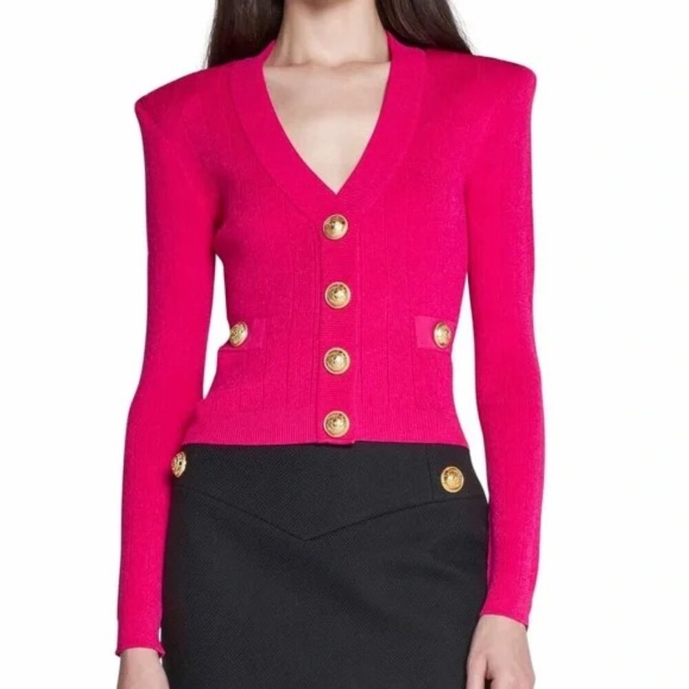 Balmain Fuchsia Cardigan with Gold Buttons Long Sleeve